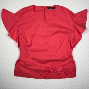 Lauren Ralph Lauren Women Belted Ruffle Sleeve Top Coral Blouse XL